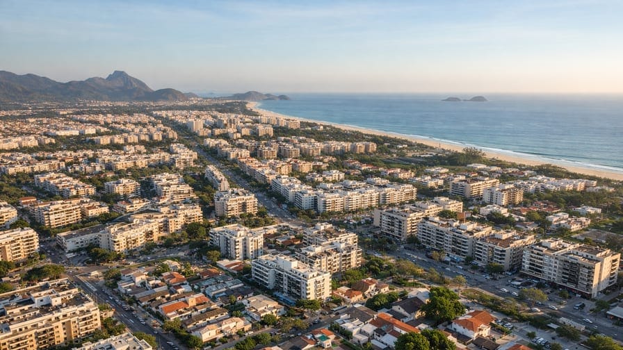 Porteiro em condomínio no Recreio dos Bandeirantes analisando registros de trabalho na portaria residencial.