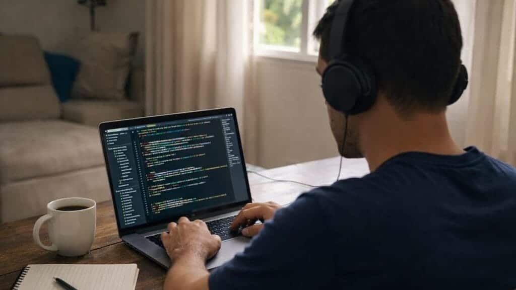 Programador trabalhando em casa no notebook, representando trabalho PJ e rotina remota no Brasil