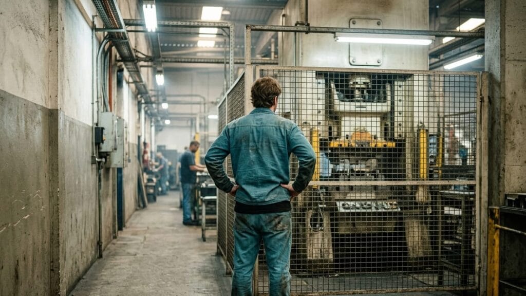 Trabalhador de uniforme de fábrica sujo de costas olhando para máquinas, simbolizando reflexão sobre contrato PJ.