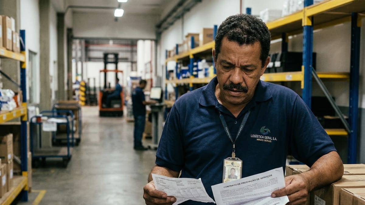 Trabalhador brasileiro de uniforme e crachá olha documento com expressão de dúvida sobre pejotização