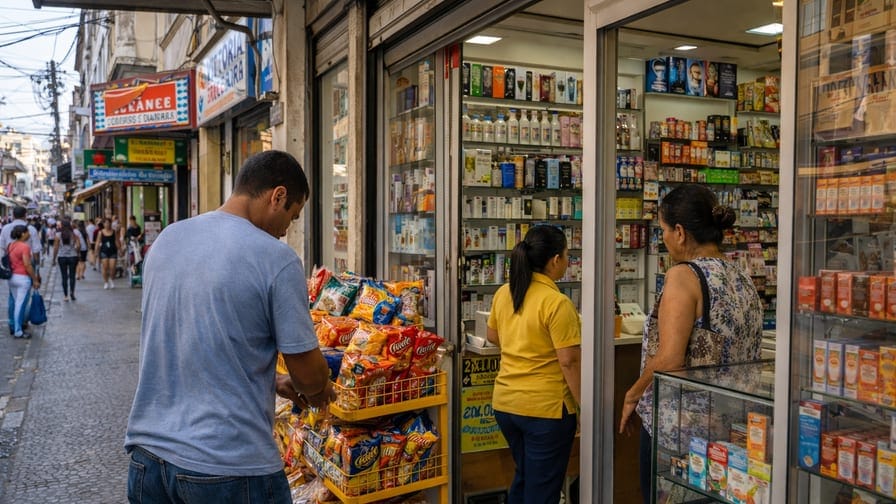 Trabalhadores organizando loja no comércio tradicional do Méier durante rotina de trabalho