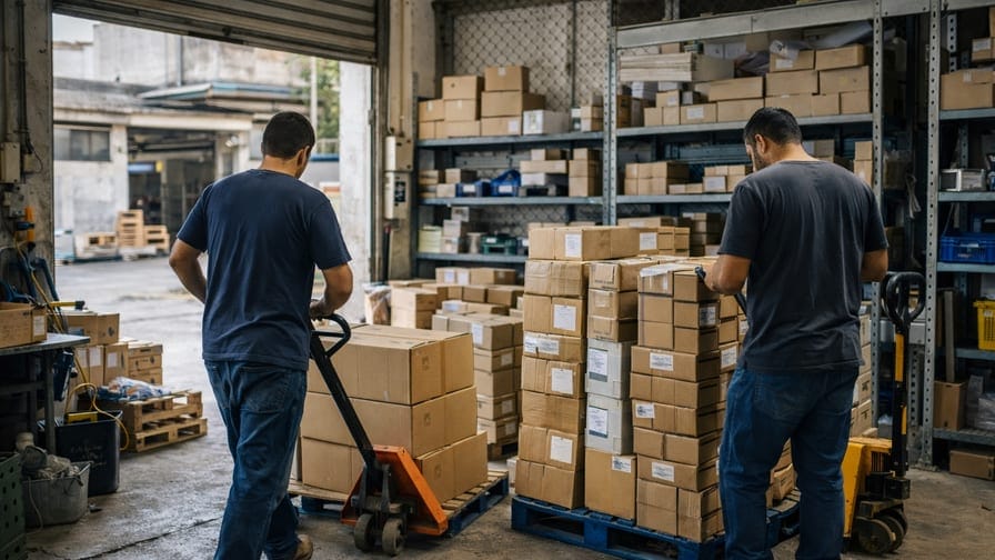 Trabalhadores organizando materiais em pequena indústria de Jacarepaguá no Rio de Janeiro