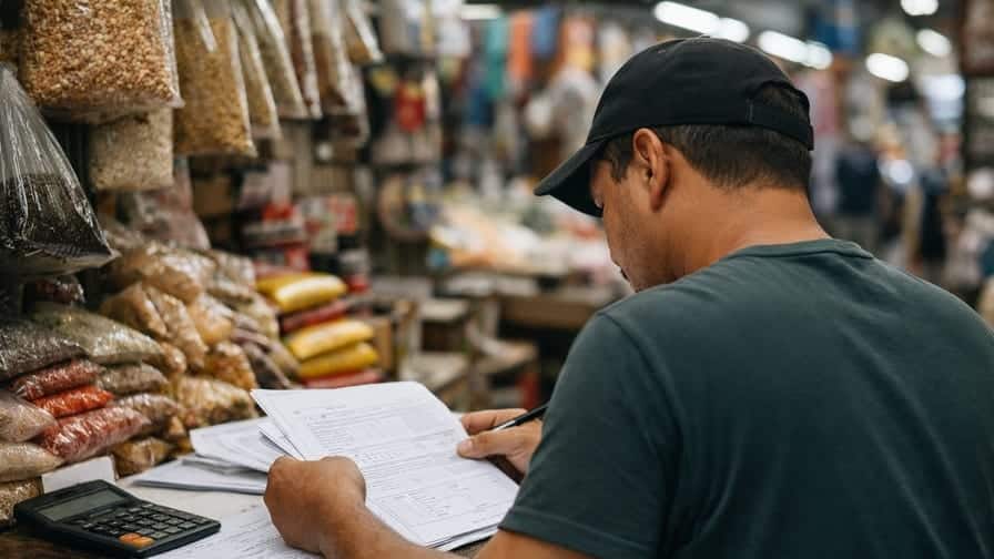 Vendedor no Mercadão de Madureira analisando documentos em banca comercial popular no Rio de Janeiro