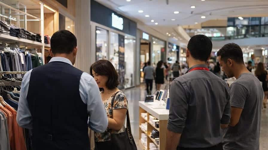 Vendedores trabalhando em loja de shopping center na Barra da Tijuca durante atendimento a clientes.