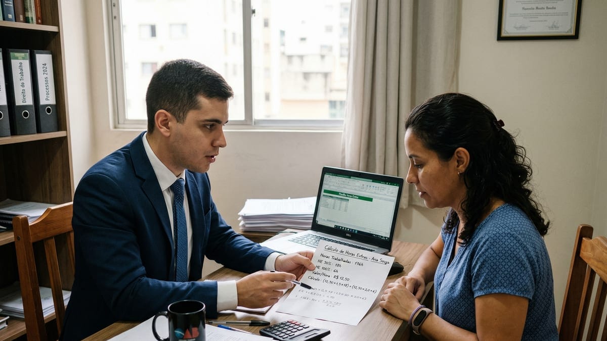 Advogado trabalhista explica cálculo de horas extras para cliente em escritório