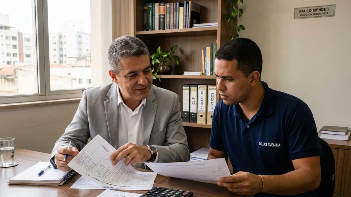 Advogado trabalhista explica cálculo de horas extras para cliente em escritório
