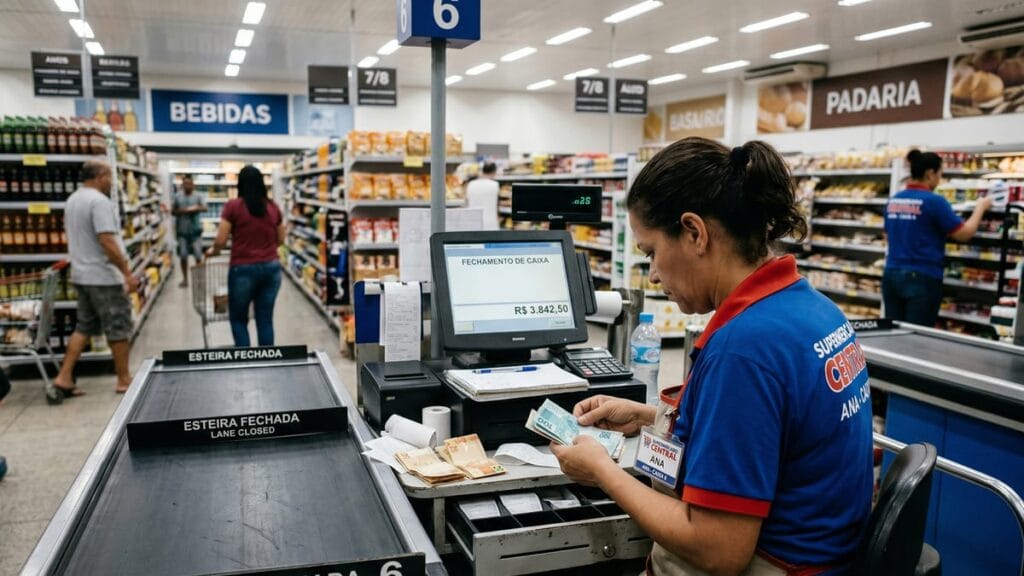 Funcionária de supermercado confere caixa após expediente em ambiente vazio