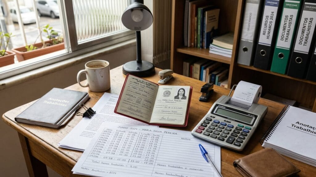 Documentos e controle de ponto sobre mesa simples representando jornada de trabalho