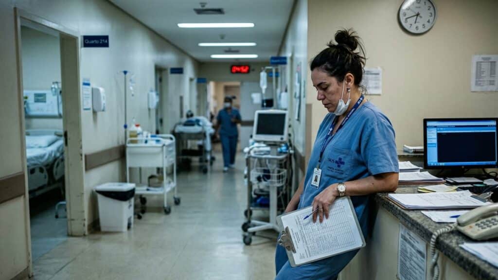 Profissional de enfermagem em fim de plantão prolongado em ambiente hospitalar