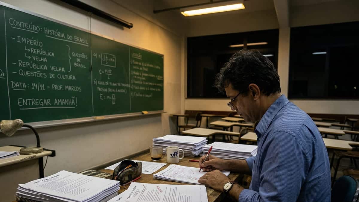 Professor corrige provas à noite em sala de aula vazia após expediente