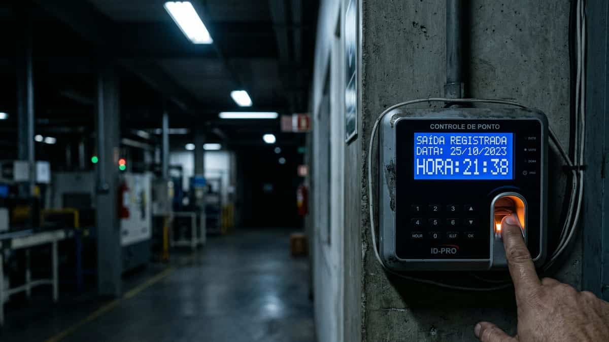 Relógio de ponto registra saída tardia em ambiente de trabalho