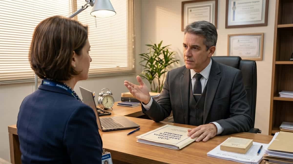 Advogado de terno cinza explicando sobre ação trabalhista de horas extras a uma cliente em seu escritório.