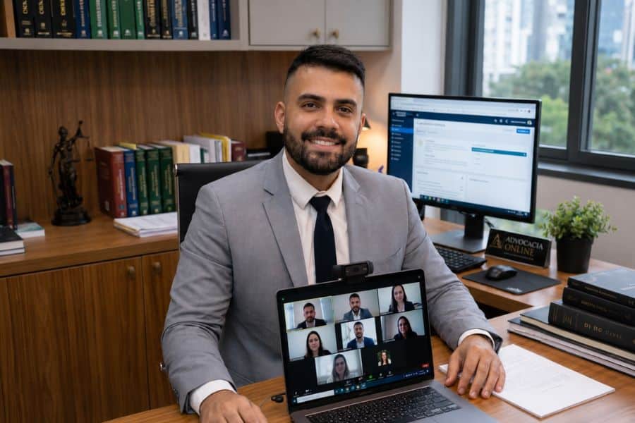 Advogado realizando atendimento online por vídeo conferência com foco em segurança e transparência