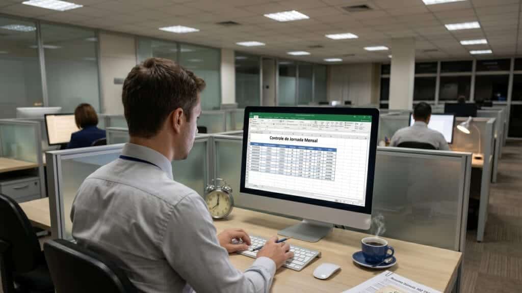 Bancário de costas trabalhando em computador com planilha de controle de jornada em um escritório corporativo.