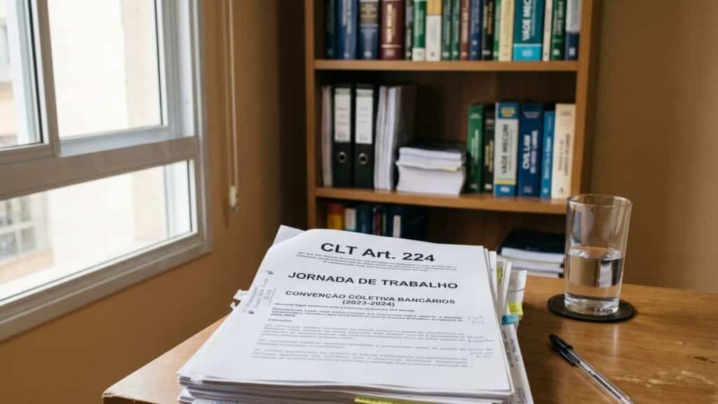 Uma mesa de escritório com documentos jurídicos abertos, incluindo títulos como "CLT Art. 224" e "Convenção Coletiva Bancários", simbolizando a legislação trabalhista.
