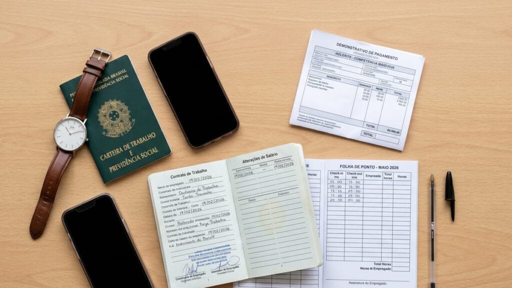 Carteira de trabalho, holerite e folha de ponto sobre mesa — documentos de jornada e direitos trabalhistas