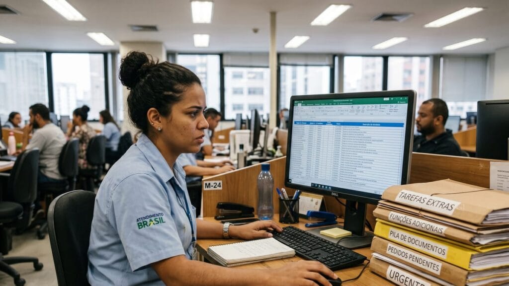 Trabalhadora com uniforme de escritório olhando para o computador e documentos com tarefas extras, em um ambiente de escritório.