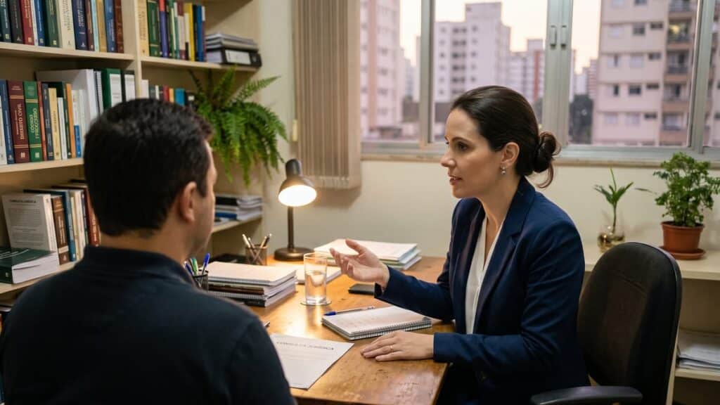 Advogada brasileira de blazer azul-marinho explicando detalhes de um contrato trabalhista a um cliente, em uma mesa de escritório simples e organizada.