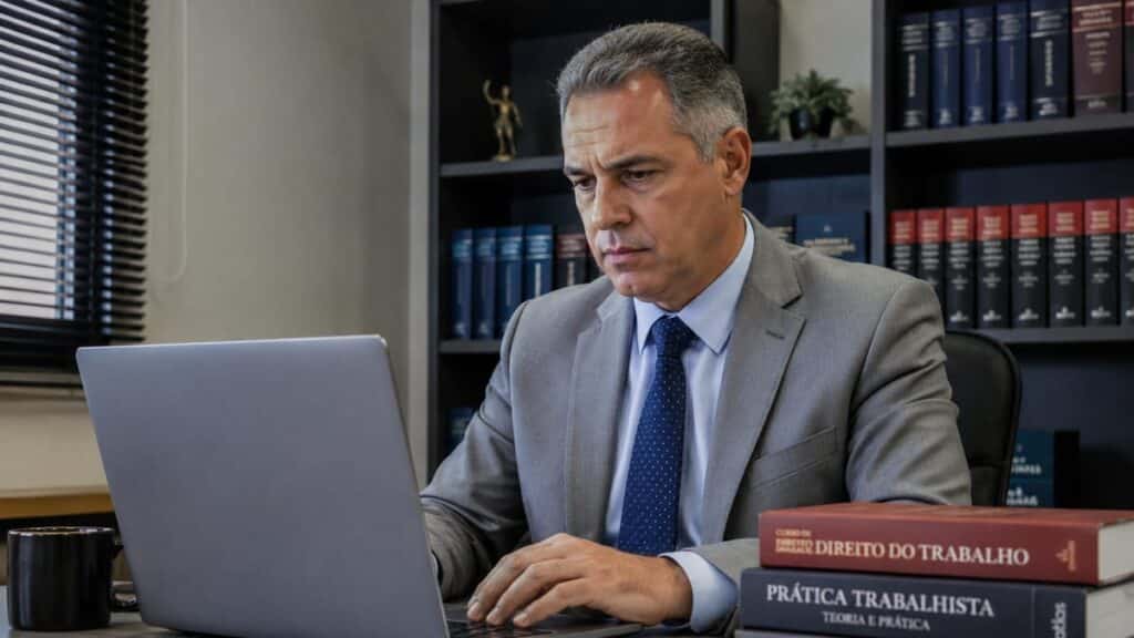 Advogado de terno cinza claro concentra-se em seu notebook, trabalhando em um escritório com livros jurídicos.