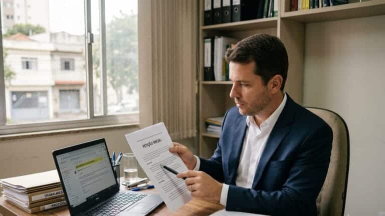 Advogado trabalhista com terno azul aponta para petição inicial em escritório modesto, analisando e-mail sobre horas extras.