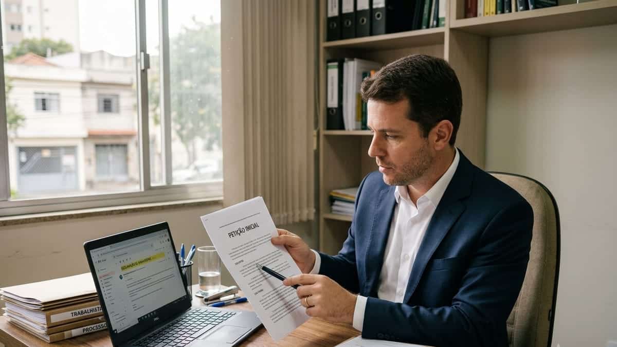 Advogado trabalhista com terno azul aponta para petição inicial em escritório modesto, analisando e-mail sobre horas extras.