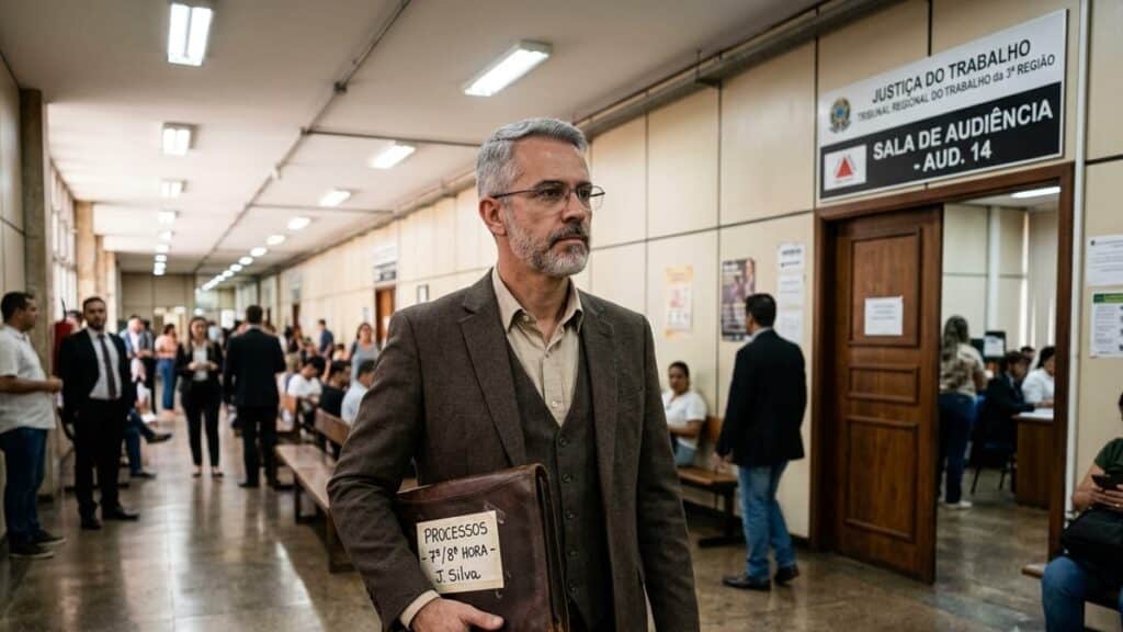 Advogado trabalhista de terno marrom em corredor de tribunal, segurando pasta com etiqueta 'Processo 7ª/8ª Hora'.