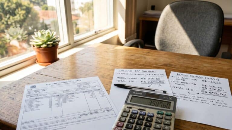 Mesa de escritório com holerite detalhado, calculadora e papéis com anotações sobre o cálculo do décimo terceiro.