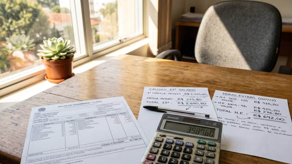 Mesa de escritório com holerite detalhado, calculadora e papéis com anotações sobre o cálculo do décimo terceiro.