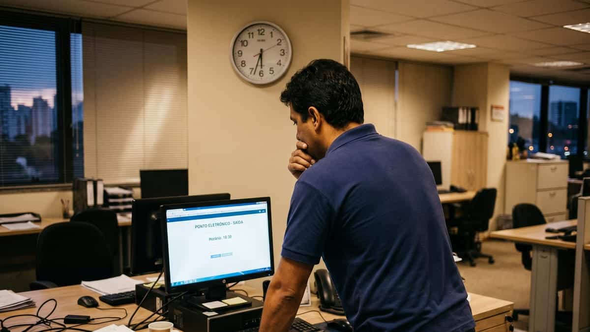 Trabalhador brasileiro de uniforme azul, de costas, olhando para a tela de um computador, com um relógio de parede marcando 18:30 ao fundo, em um escritório modesto.