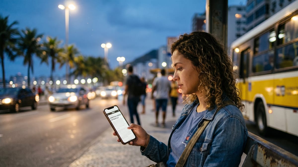 Jovem trabalhadora em banco de ônibus, lendo artigo 'Direitos Horas Extras CLT' em português no smartphone.